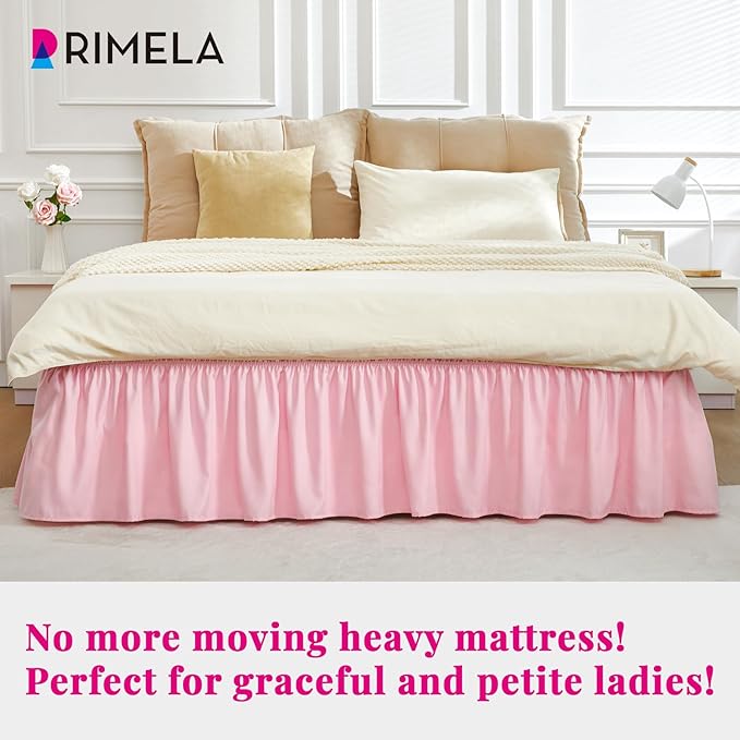 RIMELA Pink Bed Skirt Twin Size 15 Inch Drop, Elastic Bed Skirting for Bed Base and Frame, Bedding Dust Ruffle Easy to Install, Lightweight Wrap Around Adjustable Bedskirt