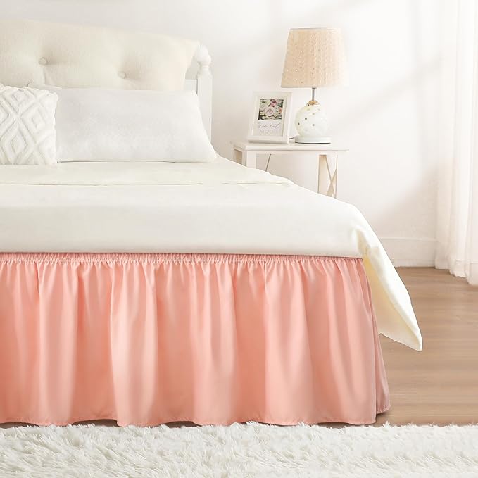 RIMELA Bed Skirt Queen Size 18 Inch Drop, Wrap Around Elastic Bedskirt Solid Microfiber Luxury Hotel Quality Fabric, Easy to Install Machine Washable Wrinkle & Fade Resistant, Coral