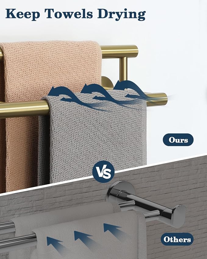 Alise Double Bath Towel Bars,12 Inch Towel Racks for Bathroom Wall Mounted,SUS304 Stainless Steel Towel Holder,Space-Saving Towel Hanger,Modern Decor Towel Rod,Brushed Gold Towel Rail,GYT6902-300-G