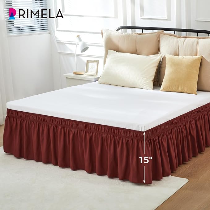 RIMELA Wine Red Bed Skirt Queen Size 15 Inch Drop, Elastic Bed Skirting for Bed Base and Frame, Bedding Dust Ruffle Easy to Install, Lightweight Wrap Around Adjustable Bedskirt