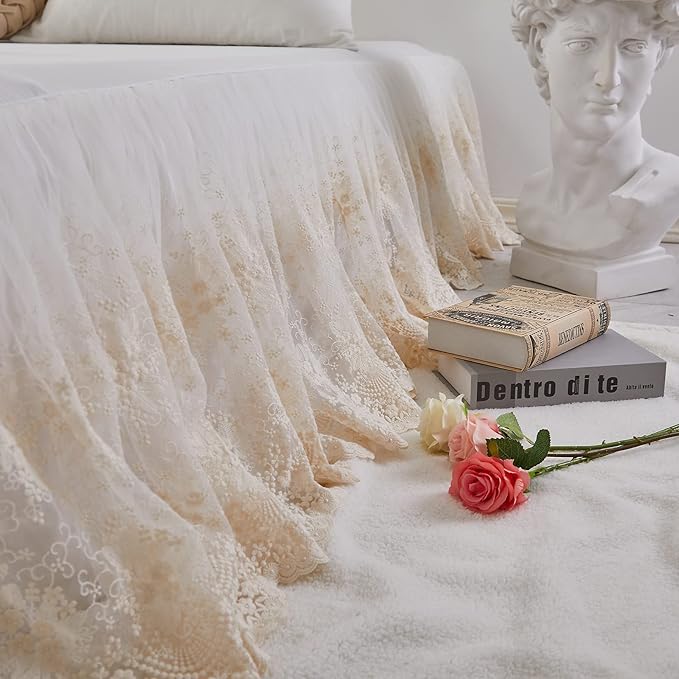 Brandream Lace Bed Skirt Queen Size Cream White 18 Inch Drop Romantic Dust Ruffle Split Corners Bed Sheets Cover Excellent Quality