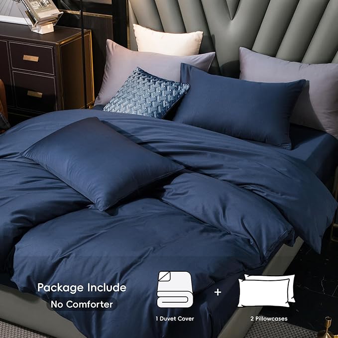MooMee Duvet Cover Set 100% Extra Long Staple Cotton 600 Thread Count Silky Sateen Smooth Luxury Soft Breathable Durable Hotel Quality Bedding, 3 Pieces (Navy Blue, King 104"x90")