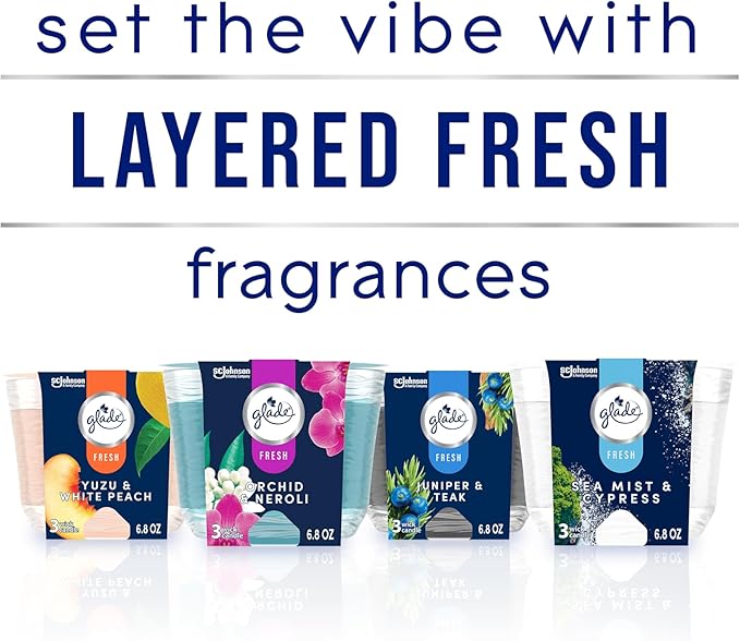 Glade 3-Wick Scented Candle Jar, Sea Mist & Cypress, Air Freshener Infused with Essential Oils, 6.8 Oz, 3 Count