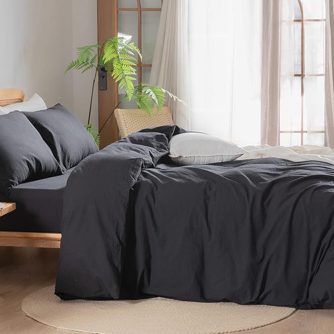 BESTOUCH Duvet Cover Set 100% Washed Cotton Linen Feel Super Soft Comfortable Chic Lightweight 3 PCs Home Bedding Set Solid Deep Black King