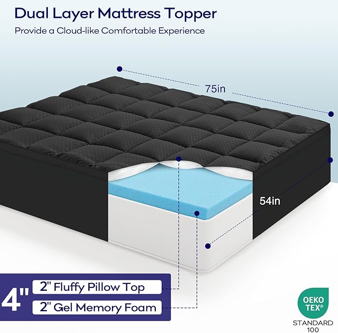 OLANLY Dual-Layer 4 Inch Full Size Memory Foam Mattress Topper for Back Pain, 2 Inch Cooling Pillow Top Mattress Pad Cover and 2 Inch Gel Memory Foam Topper, Deep Elastic Pocket, Black