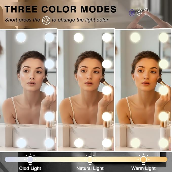 40x28 Hollywood LED Bathroom Vanity Mirror with Dimmable Bulbs, 3 Lighting Modes, Fogless Mirror, Shatter-Proof, Corrosion Proof, Smart Mirror, Memory, Wall Mountable, Horizontal/Vertical