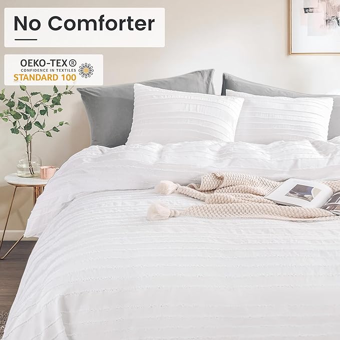 NEXHOME PRO Duvet Cover Full Size, White 3 Pieces Boho Tufted Duvet Cover Set, Soft and Lightweight Microfiber Comforter Cover Set for All Season (White Full, 80 x 90)-No Comforter