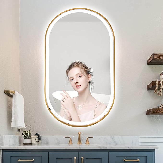 Oval LED Bathroom Mirror, 36"x24" Lighted Wall Mounted Vanity Mirror with Metal Frame, Anti-Fog IP66 Waterproof Smart Mirror, Memory Function, (Horizontal or Vertical), Gold