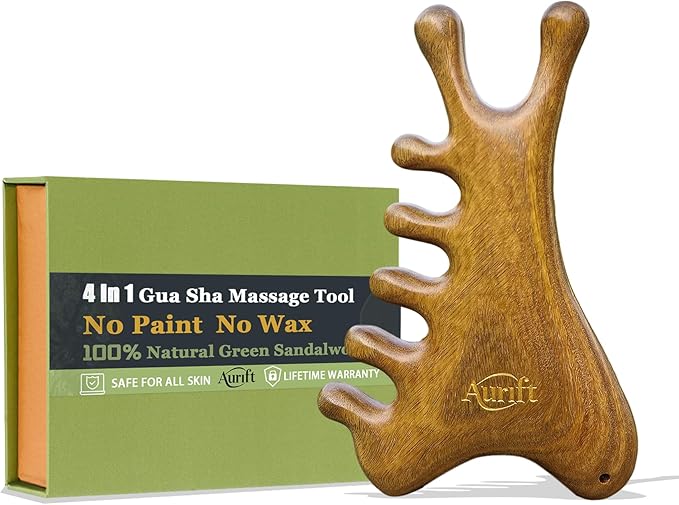 Gua Sha Tool for Face & Body – 4 in 1 Natural Green Sandalwood,Lymphatic Drainage,Jaw Lifting & Nose Sculpting, Head Massage Comb for Stress Relief,Home Office Self Care,Gifts for Mom Girl Friend