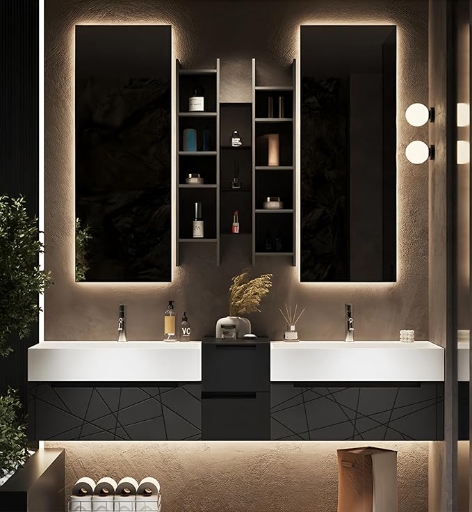 Double Bathroom Vanity with Sink, Floating Modern Bathroom Vanity Set Includes LED Smart Defogging Mirror and Open Storage Wall Cabinet, Solid Wood Bathroom Cabinet with Large Drawer (Dark Grey,72")