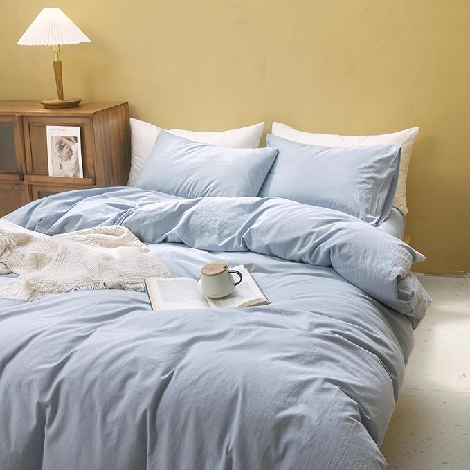 FOSSA Duvet Cover Set 100% Washed Cotton Linen Feel Super Soft Breathable Cozy 3 Pieces Bedding Sets Solid Cornflower Blue California King