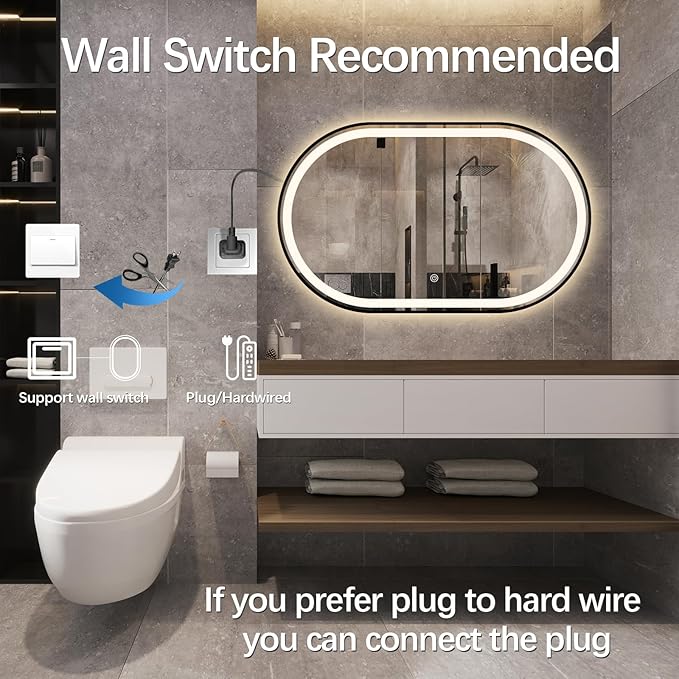 Oval LED Bathroom Mirror, 36"x24" Lighted Wall Mounted Vanity Mirror with Metal Frame, Anti-Fog IP66 Waterproof Smart Mirror, Memory Function, (Horizontal or Vertical), Gold