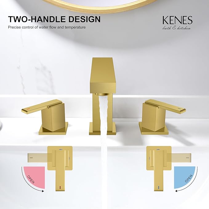KENES Brushed Gold Widespread Bathroom Faucet 2 Handle Bathroom Sink Faucets 3 Hole, Gold 8-Inch 3 Pieces Vanity Lavatory Faucet with Supply Lines, KE-9050-4
