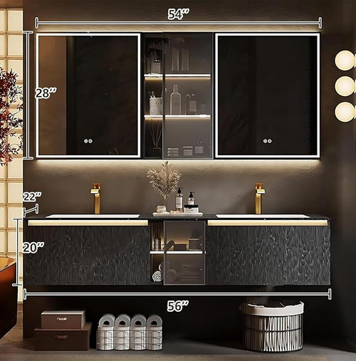 56" Double Bathroom Sink Vanity, Modern Bathroom Vanity Includes LED Smart Defogging Mirror Cabinet & Semi-Open Storage & Ceramic Basin, Floating Bathroom Cabinet with Sensor Light (Charcoal Grey)