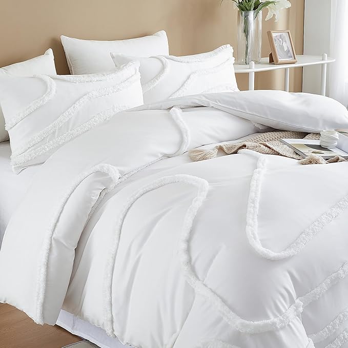 Cupocupa Queen Comforter Set Beige Tufted Comforters Sets Bedding for Queen Bed 3PCS Boho Comforter Soft Fluffy Lightweight Comforter with 2 Pillow Cases for All Season