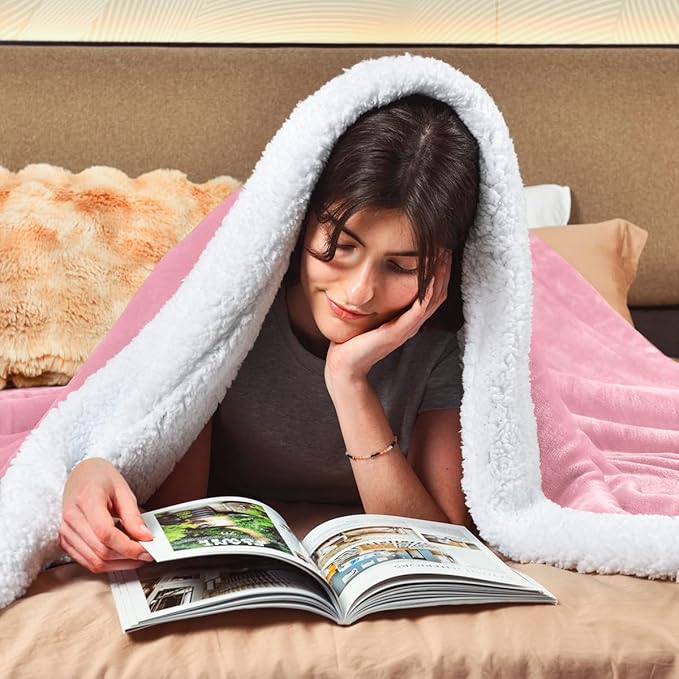 KAWAHOME Sherpa Fleece Throw Blanket for Bed - Extra Warm and Heavy Thick Throw Blankets for Winter, Super Soft 500GSM Plush Blanket, 50"X 60" Pink