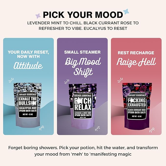 Explicit Essentials Bath Salts Gift Set | 3 Relaxing Epsom Salt Bath Soaks | Aromatherapy Epsom Salt Variety Pack for Stress Relief, Muscle Recovery & Self-Care Gifts