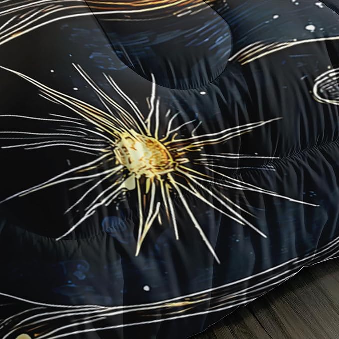 Sun and Moon Bedding Set Full Size,Yellow Galaxy Celestial Bedding for Kids Boys Girls Teens Room Boho Decor,Black and Yellow Fluffy Comforter Sets with 2 Pillowcases.