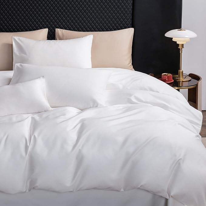MooMee Duvet Cover Set 100% Extra Long Staple Cotton 600 Thread Count Silky Sateen Smooth Luxury Soft Breathable Durable Hotel Quality Bedding, 3 Pieces (White,California King 104"x98")