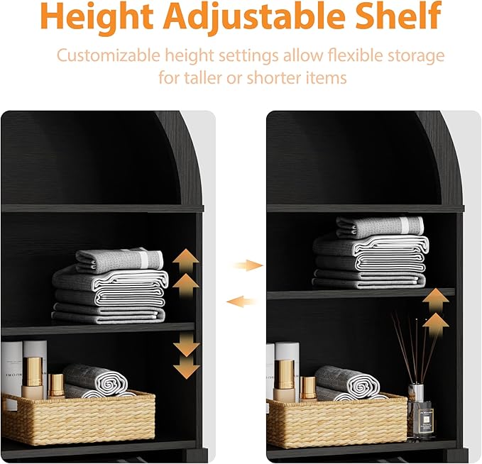 Over The Toilet Storage Cabinet, 23.7”W Modern Storage Cabinet Over Toilet with Rattan Doors, Arched Freestanding Over Toilet Rack with Adjustable Shelf for Bathroom, Dark Brown