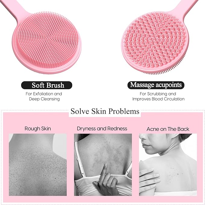Silicone Back Scrubber for Shower, 17in Lengthen Long Handle Body Brush, Double Sided Shower Brush for Shower Exfoliating and Massage Can Produce Rich Foam, Long Handle Back Scrubber for Men