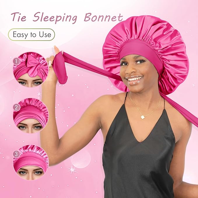 BONNET QUEEN Silk Bonnet for Sleeping Women Big Satin Bonnet Night Sleep Cap Wrap for Curly Hair with Adjustable Tie Band, Single Layer, Large, Hot Pink
