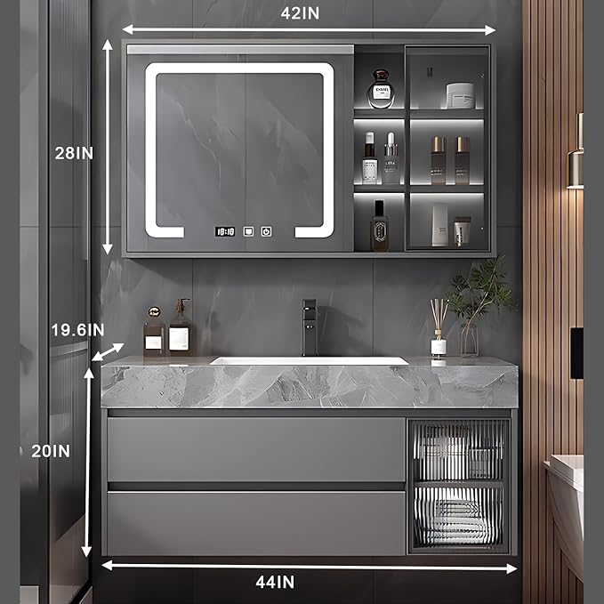 White 44IN Modern Bathroom Vanity - Wall-Mounted Bathroom Storage Cabinet & Bathroom Vanity with Sink, Bathroom Medicine Cabinet Wall Mounted, Defogging & Led Lighting | Bathroom Cabinet Slim