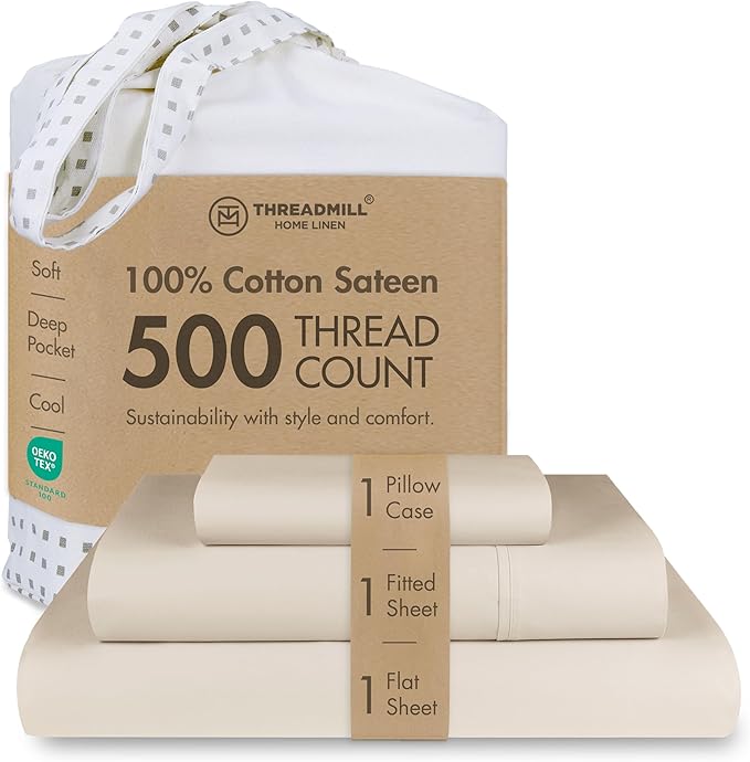 Threadmill - Twin XL Sheets Set Soft 100% Cotton Cooling Sheets Deep Pocket Snug Fit Elastic, 500 Thread Count, 3-Pc, Hotel Quality Bed Sheets, Beats Egyptian Cotton Claim (Beige)