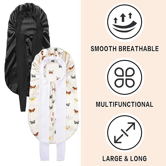 2Pcs Bonnets for Black Women Braid Bonnet, Large Long Satin Bonnet for Braids, Silk Bonnet with Stretchy Tie Band Sleep Cap Hair (2Pcs-Black-Silver Pattern)