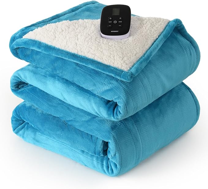 WOOMER [5-Year Warranty Electric Blanket Twin Size,Durable Flannel and Soft Sherpa,Dual Control,62”×84” Heated Throw Blanket, 10 Heat Levels&0.5-12h auto-Off,Energy Efficient,ETL Certified