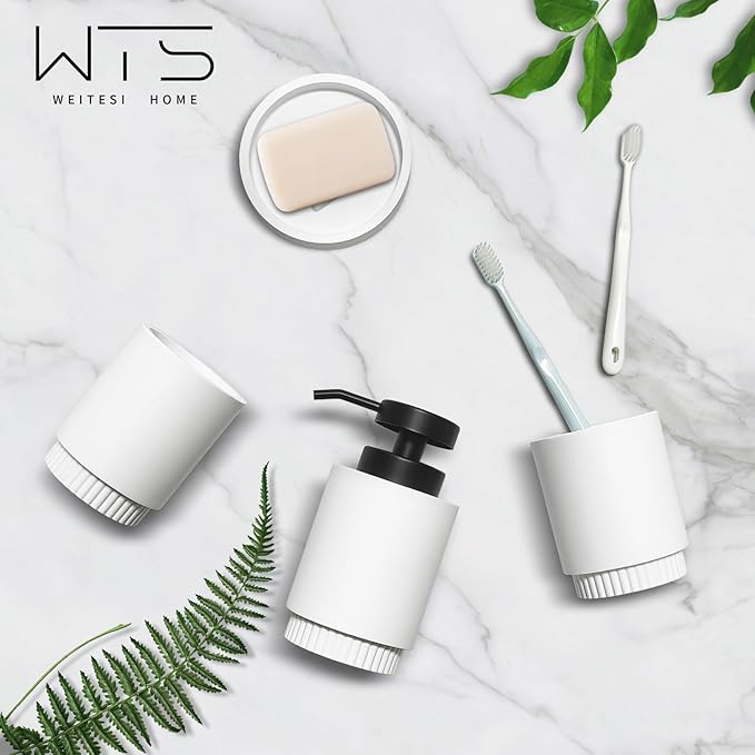 Resin Bathroom Accessories Set, 4 Pcs Modern Bathroom Accessory Set with Liquid Plastic Pump Lotion Soap Dispenser,2 Toothbrush Cup, Soap Dish Countertop Vanity Organizer(White)