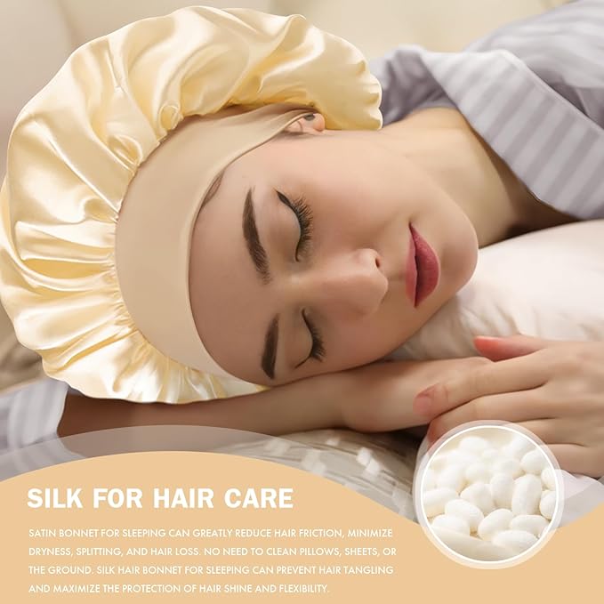 Satin Silk Bonnet for Sleeping, Double Layer Silk Sleep Cap for Men & Women, Soft Satin Lined Bonnet for Curly Hair