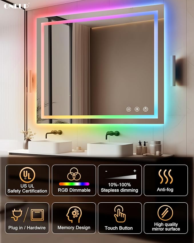 oneup 40x36 Inch Bathroom Mirror with Lights,RGB Color Changing LED Bathroom Mirror,Anti-Fog Wall-Mounted Vanity Mirrors,Smart Dimmable Multicolor Lighted,IP54 Waterproof (Horizontal/Vertical)