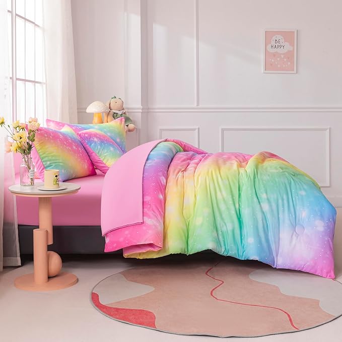 6Pcs Queen Size Comforter Set for Girls Kids, Gradient Colorful Rainbow Girls Bedding Set Queen with Sheets, Soft & Breathable Kids Bed for Gift Bedroom Decor
