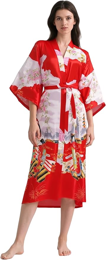 PRODESIGN Kimono Robe for Women - Long Satin Sleepwear Silky Kimono Cover-Up Nightgown Japanese Bathrobe Loungewear Blouse