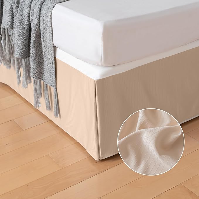 Queen Bed Skirt, Grid Plaid Soft Quadruple Pleated Ruffle Bed Skirt, Tailored Dust Ruffle 14 Inch Drop Easy Fit, Machine Washable (Beige)