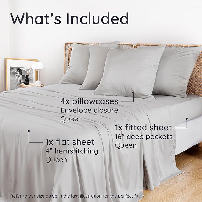 Bambaw 100% Viscose Derived from Bamboo Queen Size 6 Piece Sheet Set - Cooling Bed Sheets, Deep Pocket Queen Sheets, Fits Up to 16'' Mattresses (Moonlight Gray)