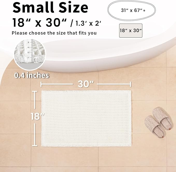 White Bathroom Rugs, Waffle Bath Mat Non Slip Washable, Super Absorbent & Quick Dry, Small Boho Bath Mat Farmhouse Bathroom Decor, 18'' x 30'', White