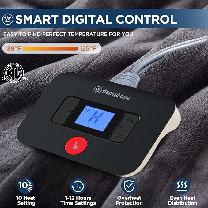 Westinghouse Electric Blanket Twin Size, Super Cozy Soft Flannel 62"" x 84"" Heated Blanket with 10 Fast Heating Levels & 1-12 Auto-Off, Machine Washable, ETL&FCC Certification, Charcoal