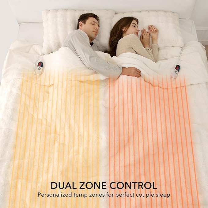 Faux Rabbit Fur Bubble Heated Blanket King Size White - Fluffy Thick King Size Electric Blanket with Dual Control, 6 Heating Levels & 10 Timer Settings, ETL Certified, Home Decor (100" x 90")