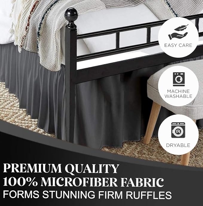 Ruffled Bed Skirt with Split Corners, Dark Grey, Queen 16 Inch Drop Bedskirt, Hotel Quality Brushed Microfiber Wrinkle Free Dust Ruffle Bed Skirt Queen Size