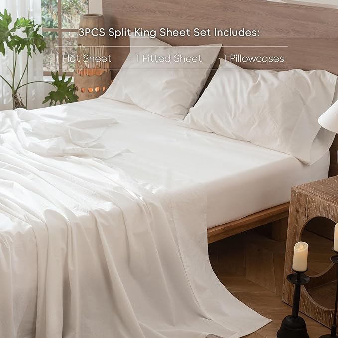 MooMee Bedding Sheet Set 100% Washed Cotton Linen Like Textured Breathable Durable Soft Comfy (Solid Off White, Twin)