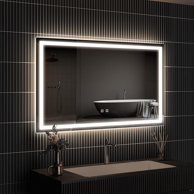 APRILSOUL 36x28 Inch LED Bathroom Mirror with Front and Backlit, Makeup Mirror with 3 Color Lights, Memory Function, Anti-Fog and Dimmable Light (Horizontal/Vertical)