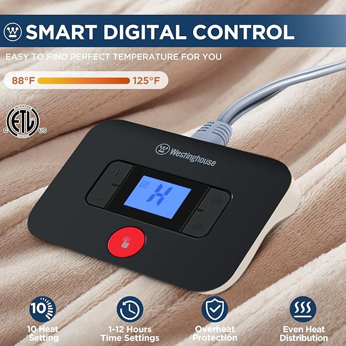 Westinghouse Electric Blanket Full Size, Super Cozy Soft Flannel 80"" x 84"" Heated Blanket with 10 Fast Heating Levels & 1-12 Auto-Off, Machine Washable, ETL&FCC Certification, Beige