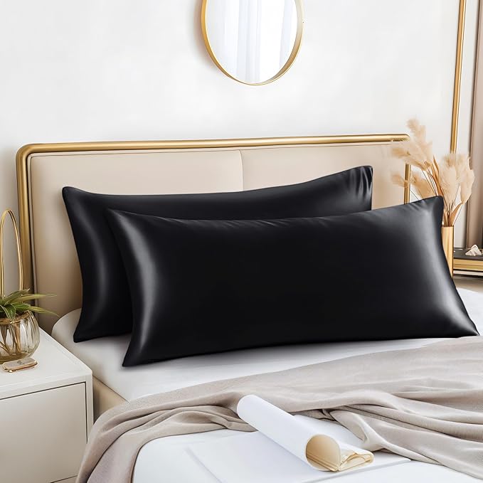 BEDELITE Satin Body Pillow Cover 2 Pack, Super Soft and Cooling Body Pillow Pillowcase for Hair and Skin, Breathable Silky Full Long Pillowcase Cover(20"x54", Black)