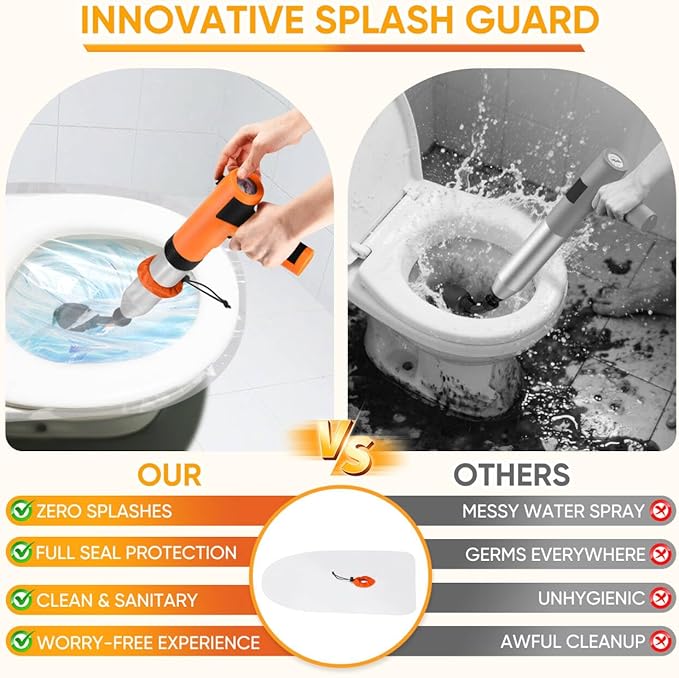 Electric Toilet Plunger, High Pressure Toilet Snake Drain Clog Remover, Splash-Free Unclogger with Drain Snake Auger, Plungers for Bathroom Heavy Duty, Versatile Air Blaster Unclogger Kit (Orange)
