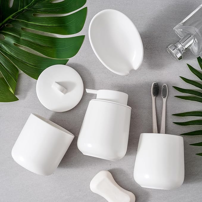 Ceramic Bathroom Accessories Set,Includes Liquid Soap Dispenser, Toothbrush Holder, Soap Dish, Cotton Swab Jar,Bathroom soap and Toothbrush Holder Set,Classic Design(White Set - Liquid)