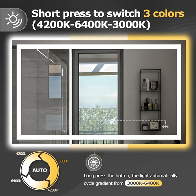 60X36 LED Bathroom Mirror with Lights, Anti-Fog, Dimmable, Backlit + Front Lit, Smart Bathroom Vanity Mirror, Memory Function, Shatterproof, Tempered Glass (Horizontal/Vertical)
