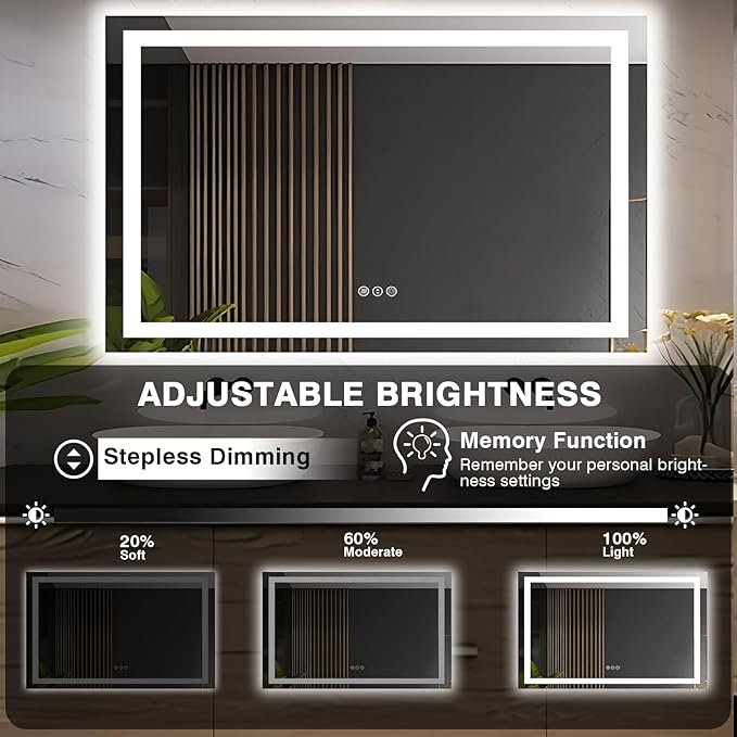 55"x36" LED Bathroom Mirrors for Wall, Front and Backlit Mirror, Anti-Fog Light up Mirror, Stepless Dimmable Lighted Mirror, 3 Colors Smart (Horizontal/Vertical)