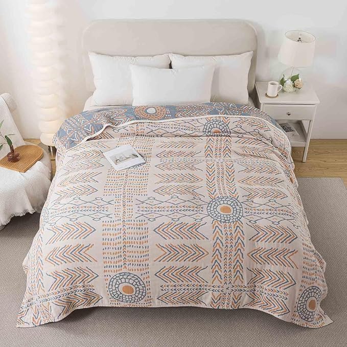 Qidordour Boho Throw Blanket, 60"x80" Muslin Blankets, 100% Organic Cotton Blanket for Couch Sofa, Lightweight Quilt, All Season Bed Throw, Farmhouse Home Decor, D-Indian Arrowhead